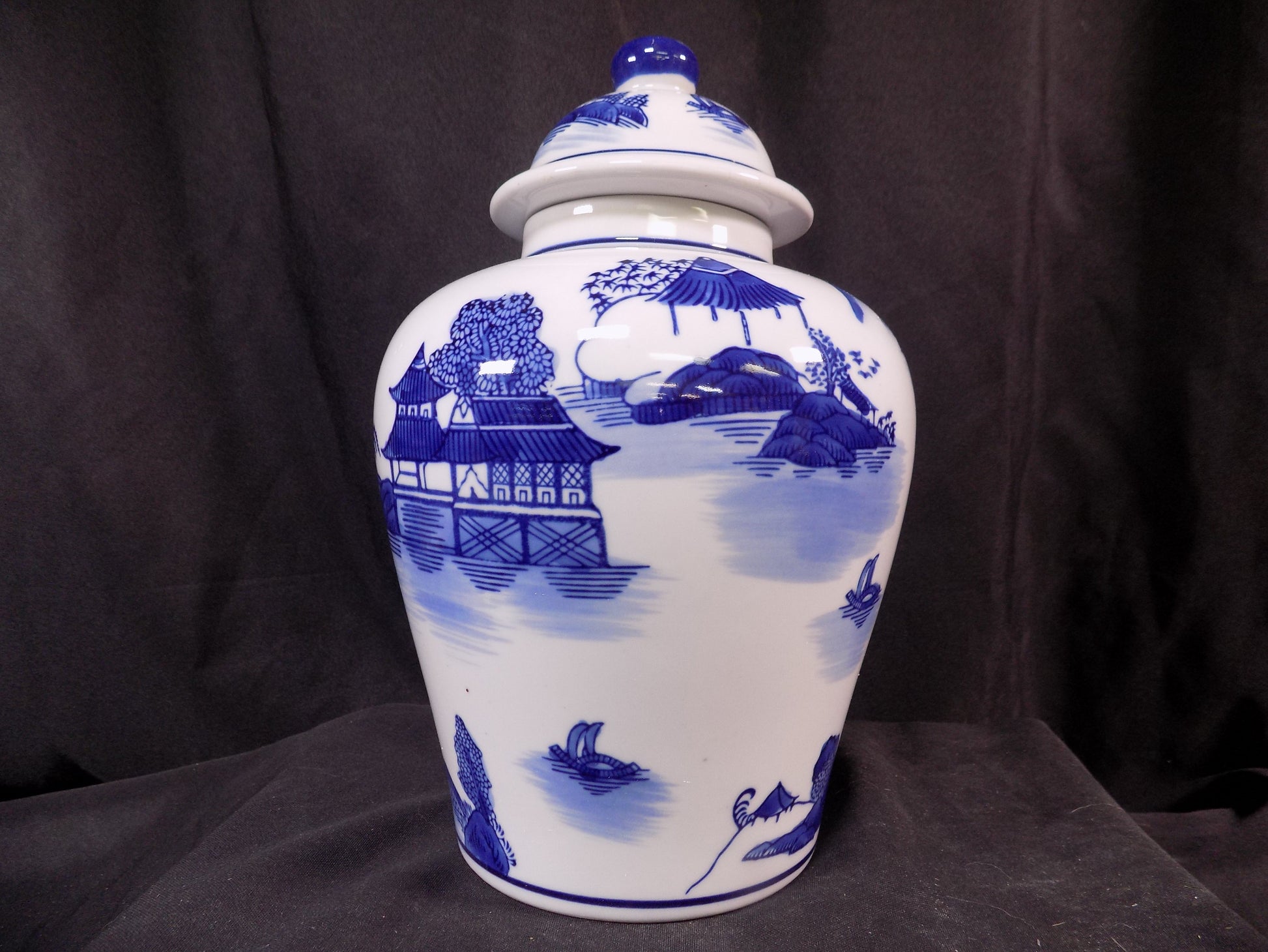 Decorative jar - Blue & White Pagoda Ginger Jar, 10 Chinese Porcelain Decor, Chinoiserie X, by The Old Grainery (Asian, As...