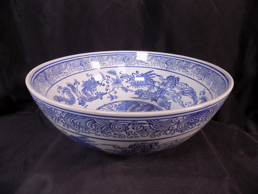 Blue & White Dragon Bowl, 14.5 Chinese Porcelain Décor, Asian Chinoiserie F,