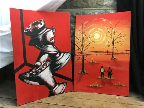 Painting - 1972 Hobbs Painted Canvas, Chess Pieces Gameroom Decor, Couple Under Burning Sun by The Old Grainery (1970-1979...