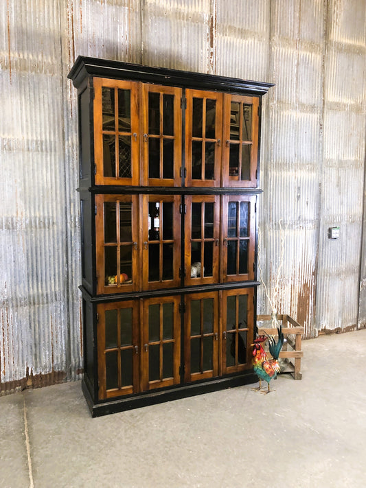 4'10" Triple Stack Cabinet, Black with Teak Doors, Kitchen Cabinet, Bookcase, C