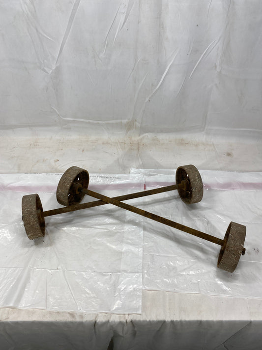 Wheels - 4 Factory Cart Wheels & 2 Axles Cast Iron Vintage Lineberry Industrial Wheel A41 by The Old Grainery (2 pair, 4 i...