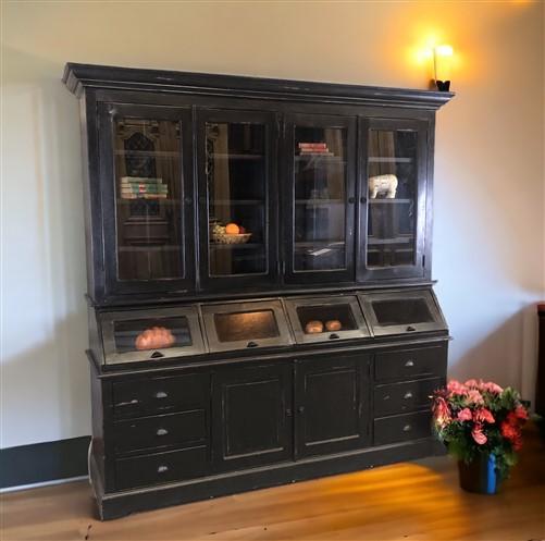 Flat Kitchen Hutch Cabinet, Kitchen Pantry Storage, Black Wood Cupboard D