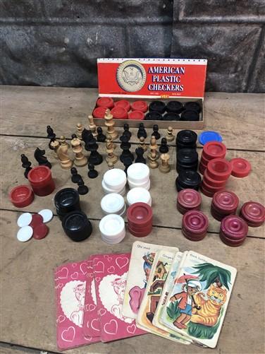 Game pieces - Game Pieces Lot, Plastic Checkers, Wood Chess Pieces, Vintage Replacement Parts, by The Old Grainery (card,...
