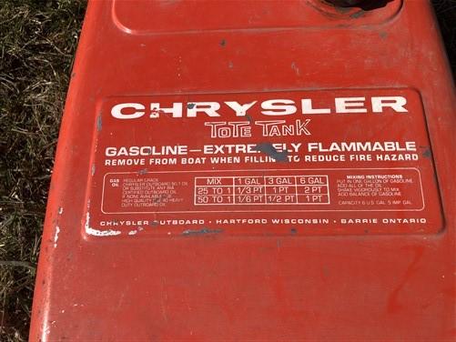 Gas tank - 6 Gallon Chrysler Tote Tank, Gasoline Gas Can, Outboard Boat Motor Vintage B, by The Old Grainery (6 gallon, bo...