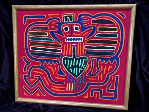 1960s Original Handmade Stitch Arm Panama Textile Art, Framed Mola Cloth Art,