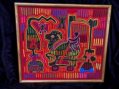 1960s Original Handmade Stitch Arm Panama Textile Art, Framed Mola Cloth Art,