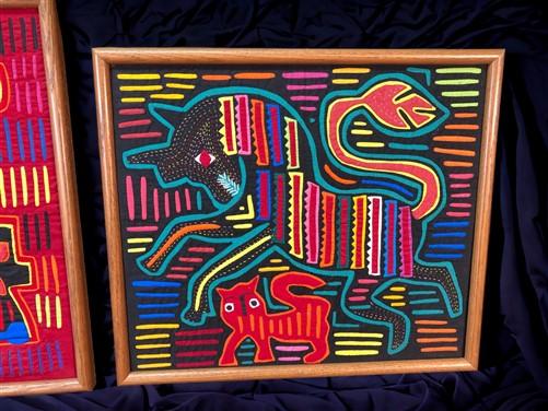 1960s Original Handmade Stitch Arm Panama Textile Art, Framed Mola Cloth Art,
