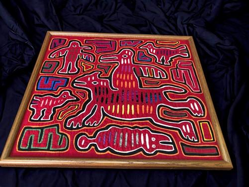 1960s Original Handmade Stitch Arm Panama Textile Art, Framed Mola Cloth Art,