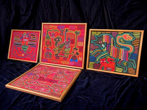 1960s Original Handmade Stitch Arm Panama Textile Art, Framed Mola Cloth Art,