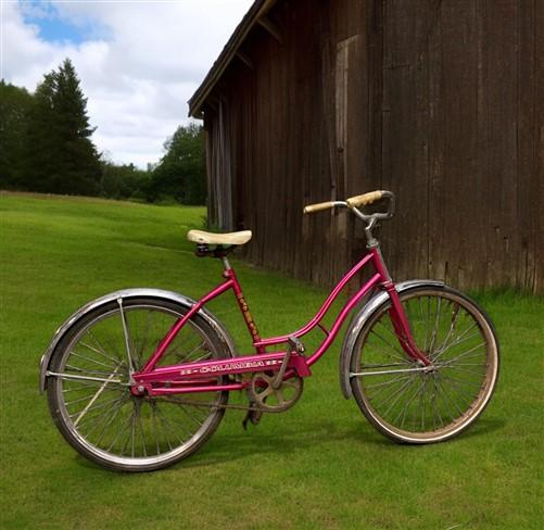 Bicycle - 1966 Columbia Pink Girls Bicycle, Pink Step Through Girls Bike, Serial #R595005 by The Old Grainery (1 speed, 19...