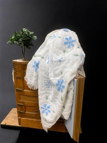 Bedspread - Blue White Green Floral Fringed Chenille Bedspread, Vintage Double Bedding by The Old Grainery (Bedspread, blu...