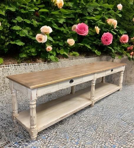 10' Antiqued Kitchen Island with Drawers, Store Counter Display Harvest Table