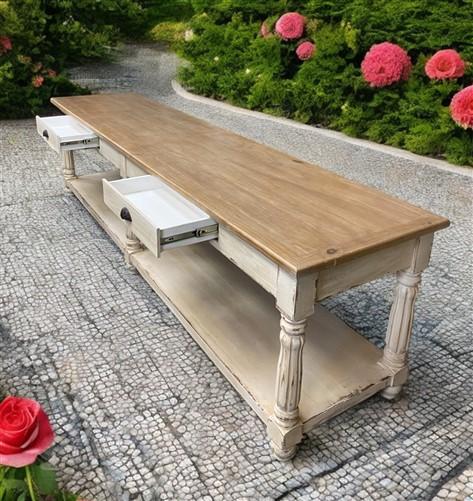 10' Antiqued Kitchen Island with Drawers, Store Counter Display Harvest Table