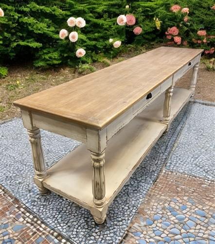 10' Antiqued Kitchen Island with Drawers, Store Counter Display Harvest Table