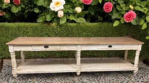 10' Antiqued Kitchen Island with Drawers, Store Counter Display Harvest Table