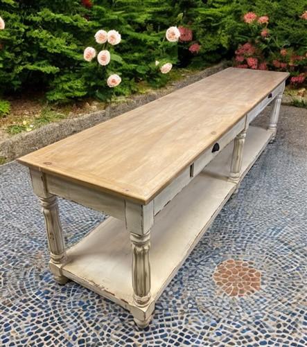 10' Antiqued Kitchen Island with Drawers, Store Counter Display Harvest Table