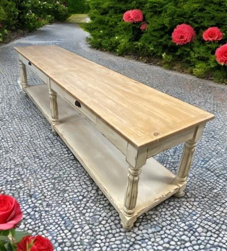 10' Antiqued Kitchen Island with Drawers, Store Counter Display Harvest Table