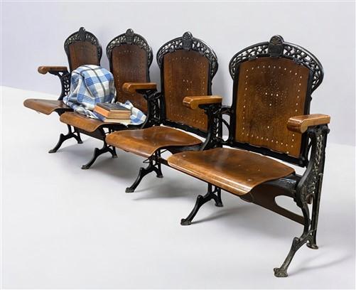 4 Wood Iron Folding Theater Seats, Auditorium Seats, Entryway Bench, D7