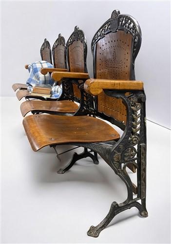 4 Wood Iron Folding Theater Seats, Auditorium Seats, Entryway Bench, D7