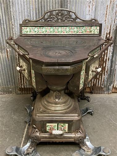 Early Cast Iron & Tile Victorian Stove, Wood Cook Stove, Vintage Parlor Stove