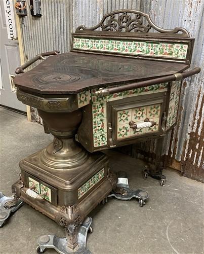 Early Cast Iron & Tile Victorian Stove, Wood Cook Stove, Vintage Parlor Stove