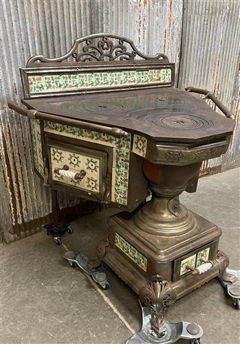 Early Cast Iron & Tile Victorian Stove, Wood Cook Stove, Vintage Parlor Stove