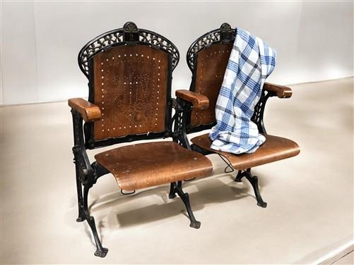 Theater Seats - 2 Wood Iron Folding Theater Seats, Auditorium Seats, Entryway Bench, D34 by The Old Grainery (art deco, au...