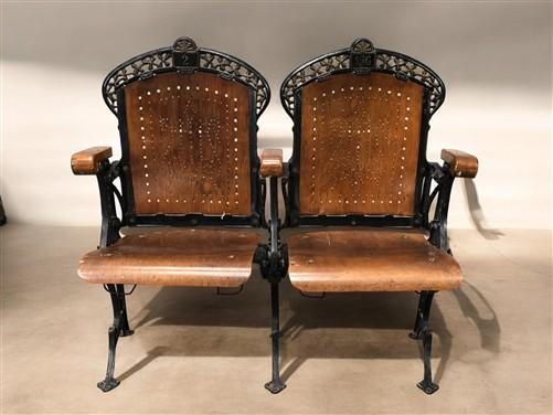 Theater Seats - 2 Wood Iron Folding Theater Seats, Auditorium Seats, Entryway Bench, D34 by The Old Grainery (art deco, au...