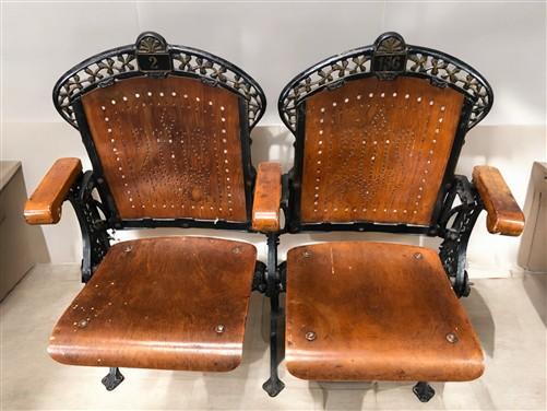 Theater Seats - 2 Wood Iron Folding Theater Seats, Auditorium Seats, Entryway Bench, D34 by The Old Grainery (art deco, au...