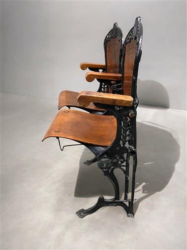 Theater Seats - 2 Wood Iron Folding Theater Seats, Auditorium Seats, Entryway Bench, D34 by The Old Grainery (art deco, au...