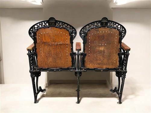Theater Seats - 2 Wood Iron Folding Theater Seats, Auditorium Seats, Entryway Bench, D34 by The Old Grainery (art deco, au...