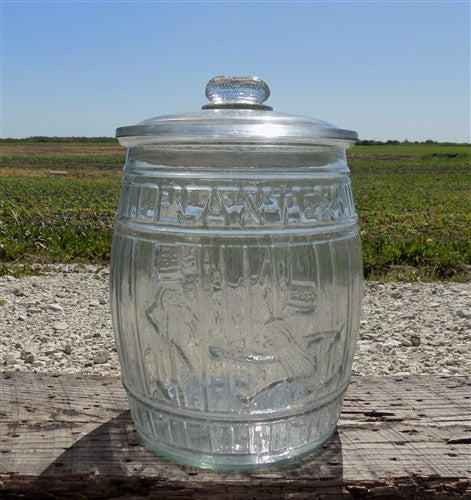 Planters Peanut Glass Jar with Lid, Running Mr Peanut Barrel Candy Cookie Jar