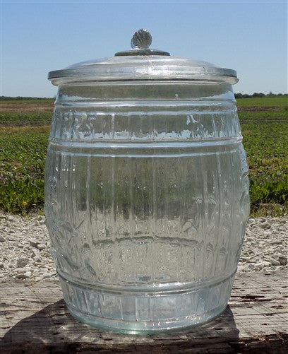 Planters Peanut Glass Jar with Lid, Running Mr Peanut Barrel Candy Cookie Jar
