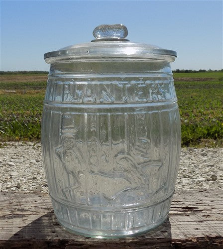 Planters Peanut Glass Jar with Lid, Running Mr Peanut Barrel Candy Cookie Jar