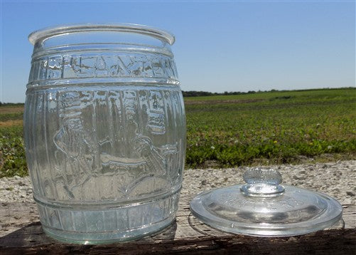 Planters Peanut Glass Jar with Lid, Running Mr Peanut Barrel Candy Cookie Jar