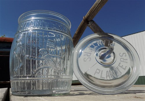 Planters Peanut Glass Jar with Lid, Running Mr Peanut Barrel Candy Cookie Jar