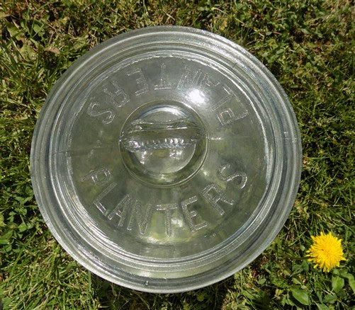 Planters Peanut Glass Jar with Lid, Running Mr Peanut Barrel Candy Cookie Jar