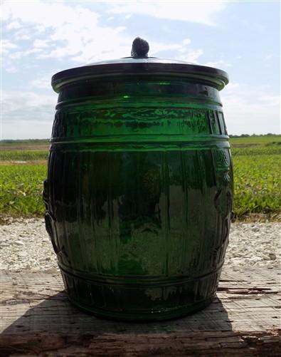 advertising jar - Planters Peanut Jar with Lid, Green Glass Mr Peanut Barrel Candy Cookie Jar, by The Old Grainery (advert...