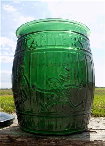 advertising jar - Planters Peanut Jar with Lid, Green Glass Mr Peanut Barrel Candy Cookie Jar, by The Old Grainery (advert...