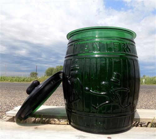advertising jar - Planters Peanut Jar with Lid, Green Glass Mr Peanut Barrel Candy Cookie Jar, by The Old Grainery (advert...