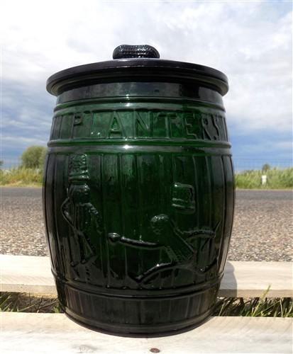 advertising jar - Planters Peanut Jar with Lid, Green Glass Mr Peanut Barrel Candy Cookie Jar, by The Old Grainery (advert...