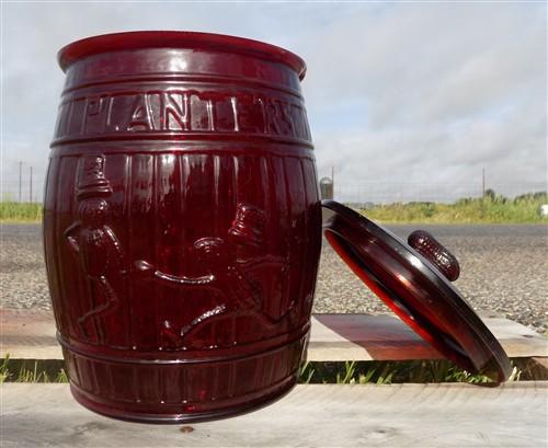 advertising jar - Planters Peanut Jar with Lid, Ruby Red Glass Mr Peanut Barrel Candy Cookie Jar by The Old Grainery (adve...