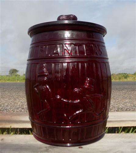 advertising jar - Planters Peanut Jar with Lid, Ruby Red Glass Mr Peanut Barrel Candy Cookie Jar by The Old Grainery (adve...