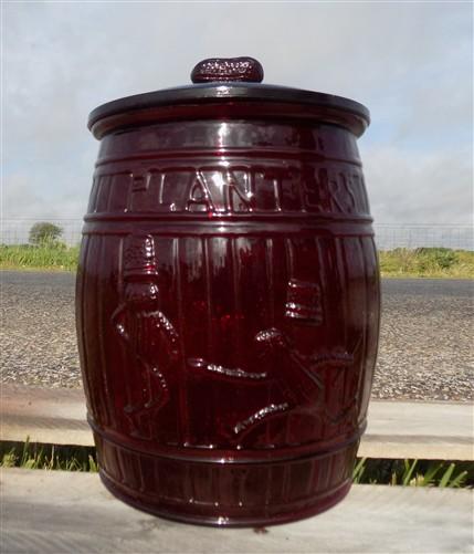 advertising jar - Planters Peanut Jar with Lid, Ruby Red Glass Mr Peanut Barrel Candy Cookie Jar by The Old Grainery (adve...