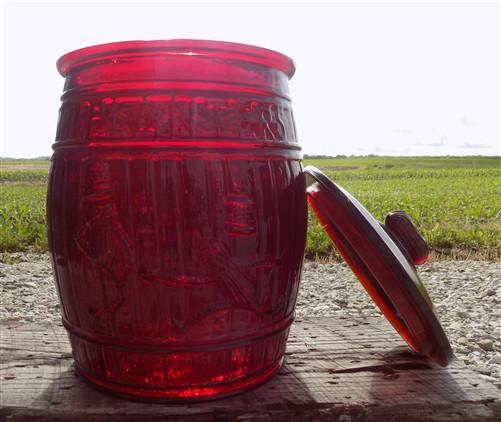 advertising jar - Planters Peanut Jar with Lid, Ruby Red Glass Mr Peanut Barrel Candy Cookie Jar by The Old Grainery (adve...
