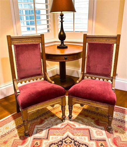Chair - Pair of Vintage Eastlake Side Chairs, Carved Oak Wood with Red Velvet Upholstery by The Old Grainery (Eastlake, ho...