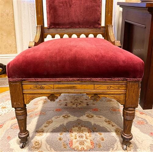 Chair - Pair of Vintage Eastlake Side Chairs, Carved Oak Wood with Red Velvet Upholstery by The Old Grainery (Eastlake, ho...