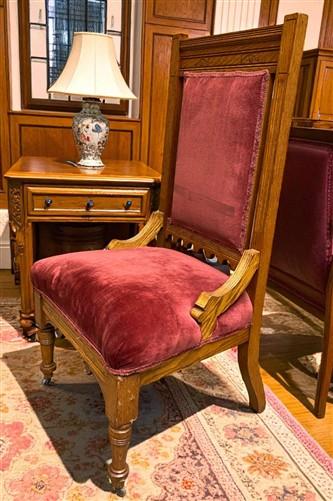 Chair - Pair of Vintage Eastlake Side Chairs, Carved Oak Wood with Red Velvet Upholstery by The Old Grainery (Eastlake, ho...