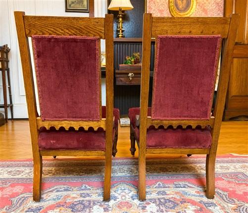 Chair - Pair of Vintage Eastlake Side Chairs, Carved Oak Wood with Red Velvet Upholstery by The Old Grainery (Eastlake, ho...