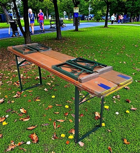 Table - Vintage German Oktoberfest Beer Garden Table & Bench, Orange Outdoor Set A53 by The Old Grainery (20 inches, 30 in...